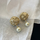 Gold hollow rose round ball pearl double ball earrings 02657