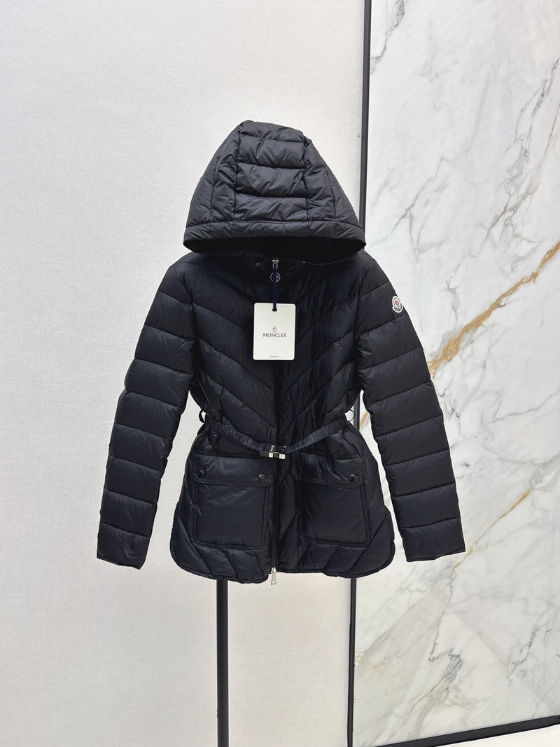 The latest classic hooded belted short down jacket 02132