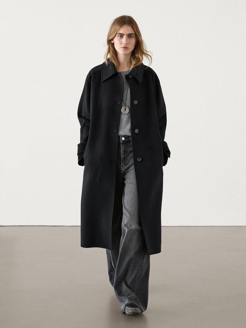 Classic power black long lapel wool coat coat 02607