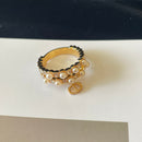 Pearl rhinestone gold CD pendant double ring 02460