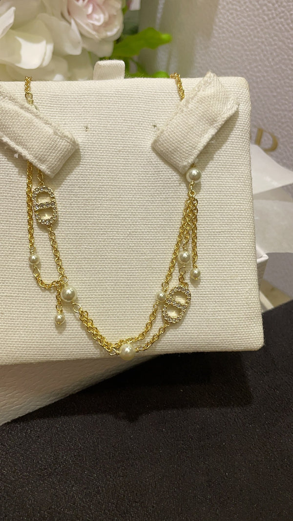 Diamond pearl full gold necklace with double fringe 02725