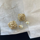 Gold hollow rose round ball pearl double ball earrings 02657