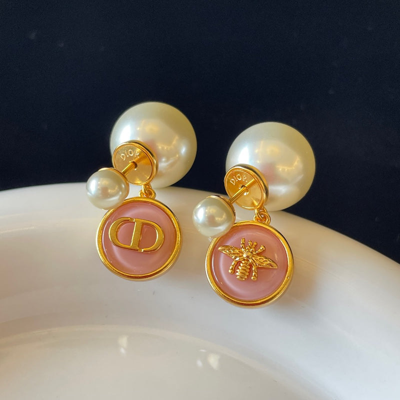 Pink resin round pendant Pearl double ball earrings 02720