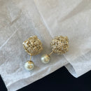 Gold hollow rose round ball pearl double ball earrings 02657