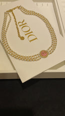 New gold CD millet beads Pink blue button three layer pearl necklace 02466