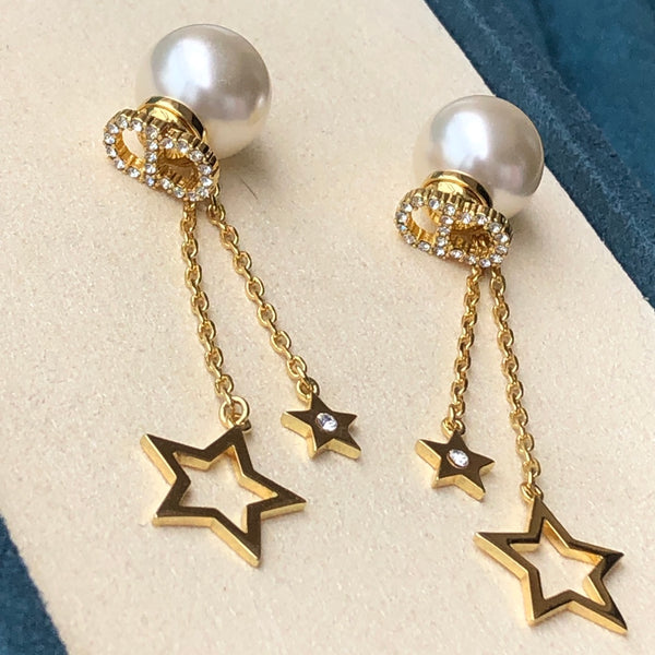 Pearl chain star earrings long pendant 02535